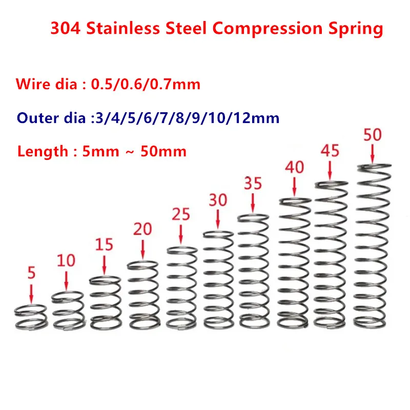 10pcs Wire dia 0.5mm 0.6mm 0.7mm 304 Stainless Steel Micro Small Compression Spring OD=3/4/5/6/7/8/9/10/12mm Length 5mm to 50mm