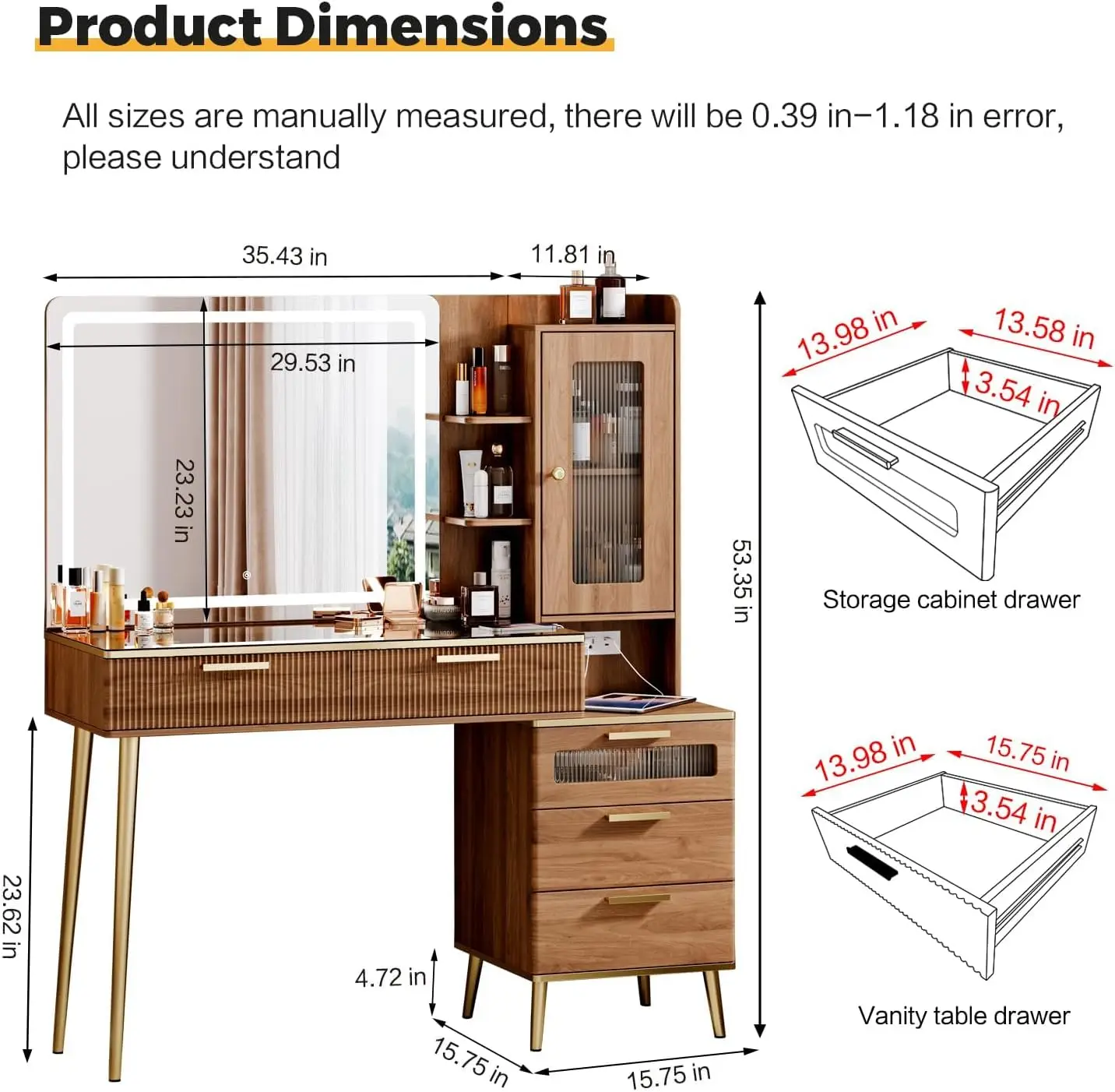 Bedroom Vanity Desk in Brown, Wood Material, with HD Lighted Mirror, 5 Drawers, Storage Shelves and Charging Station view 3