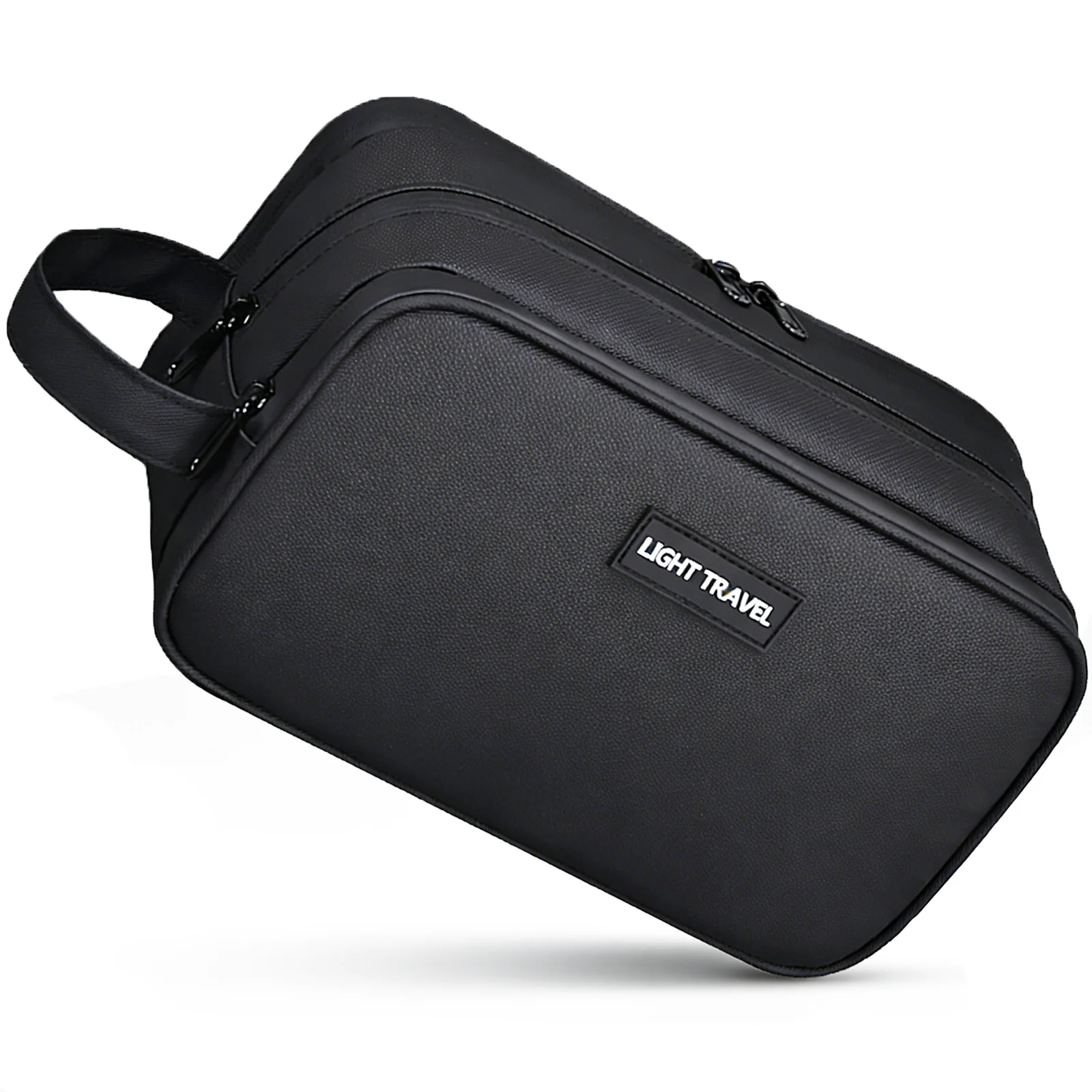 

Black PU Leather Water-Resistant Makeup Bag for Men Travel Toiletry Wash Bag with Wet Dry Separation Organizer for Shaving Gym