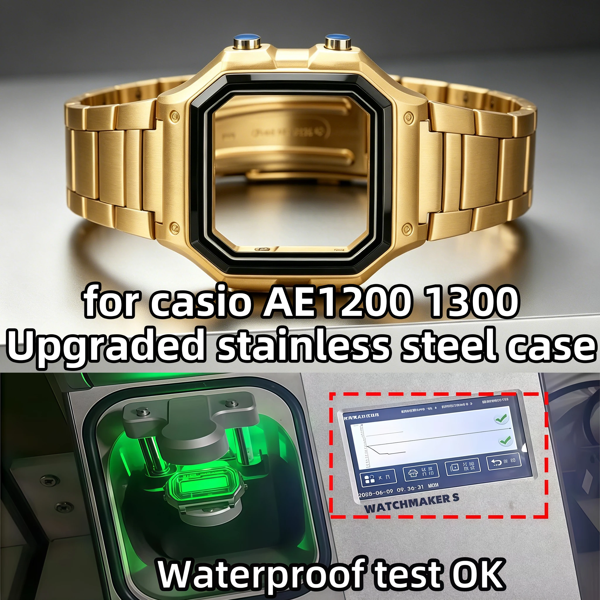 18mm Stainless Steel Mod Kit For Casio AE1200 AE-1200 AE-1300 - Metal Bracelet Strap Steel Case Bezel HD Glass Watch Accessories