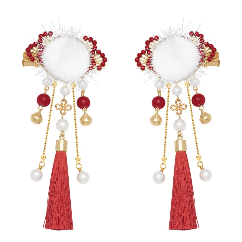 Ein Paar Hanfu-Kopfschmuck, Haarnadeln, Pompons, rote Quasten-Haaraccessoires und festlicher Haarschmuck im neuen chinesischen Stil – Detail 2