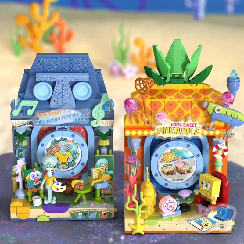 Cartoon Anime SpongeBob SquarePants Building Blocks Squidward Pineapple House Action Figure Model Desktop Decoration Toys Gift