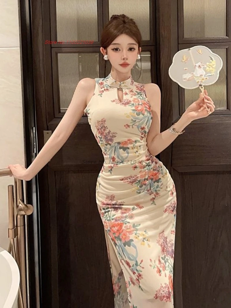 

2021, китайское сексуальное платье Ципао без рукавов, платье Cheongsam с цветочным принтом, вечернее платье, традиционное банкетное платье Ципао для ночного клуба, платье