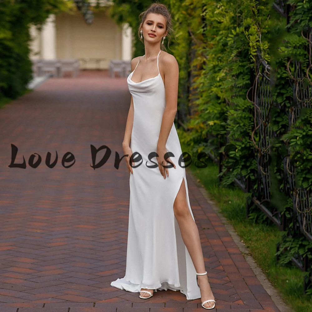 Personalizado weilinsha simples branco puro sereia vestido de casamento feminino sexy halter varredura trem fenda lateral sem costas vestido de noiva robe d