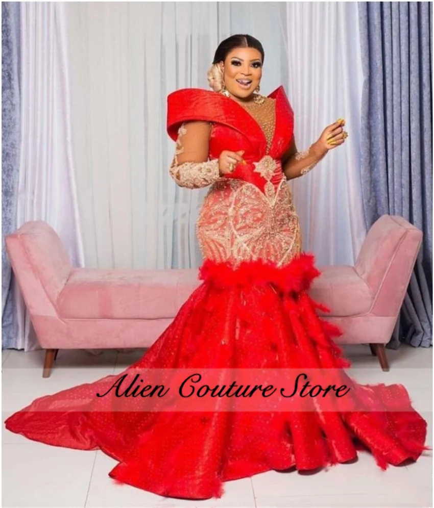 Luxury Red Mermaid Evening Dresses Long Sleeves Bead Diamonds Gowns With Feathers Birthday Dress Formal Occasion Customized