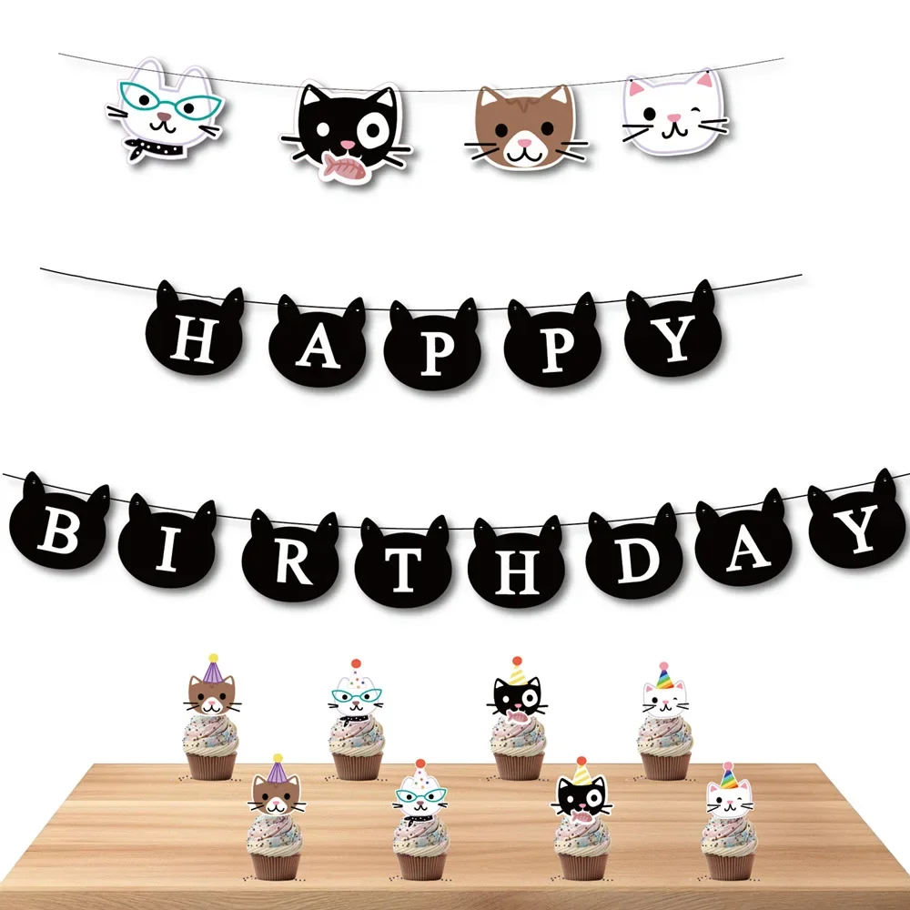 Pet Theme Party Decoration Cartoon Cat Hanging Flag Animal Color Banner Latte Art Birthday Arrangement Photo Props