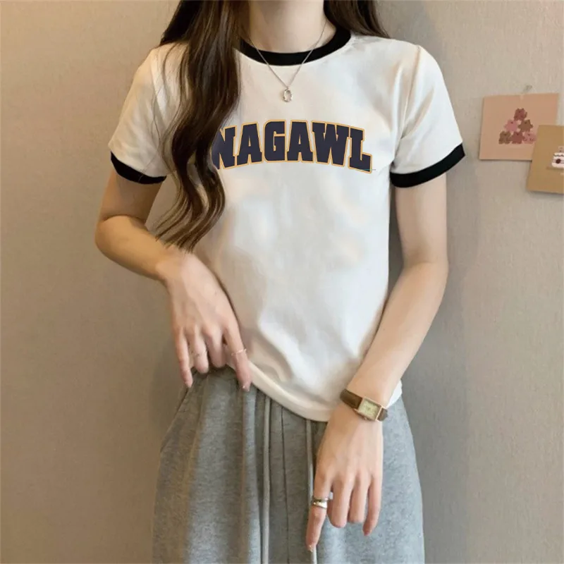 Summer New Design, Niche Korean-style Color-matching Round-neck Short-sleeved Front-shoulder T-shirt for Women