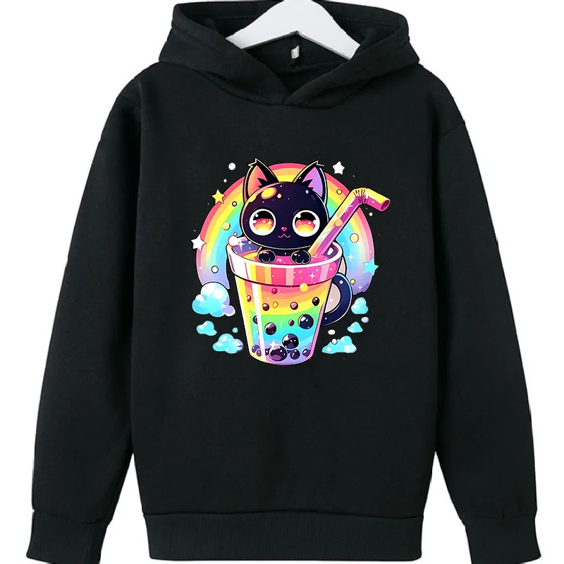 Kids Cute Black Cat In Bubble Tea Cup Hoodie Rainbow Cloud Star Print Long Sleeve Pullover Casual Boys Girls Fashion Hooded