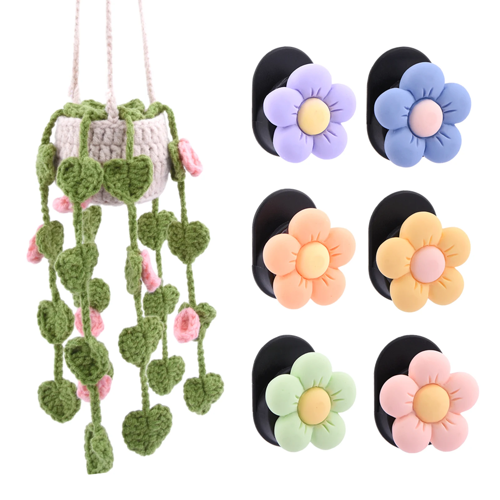 7pcs/set Lightweight Crochet Hanging Plant For Car Home Bedroom Macrame Accessories Gifts With Hooks Mini Rear View Mirror