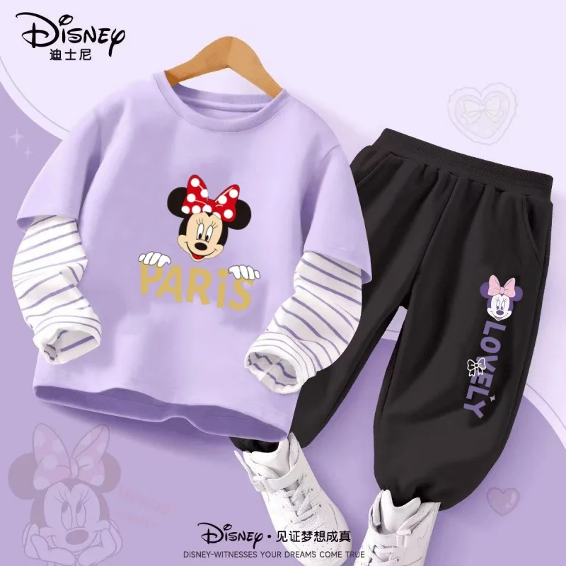 

Осенний комплект одежды для маленьких девочек, детский свитшот в полоску с принтом Минни Диснея, топ и штаны, костюм из 2 предметов, детский хлопковый спортивный костюм