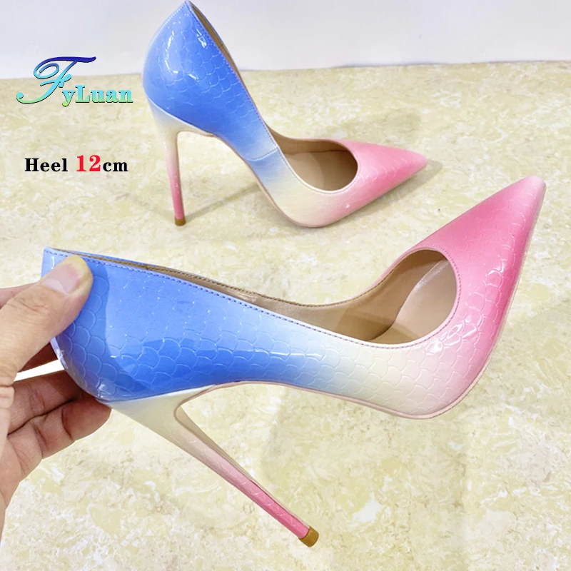 New Women's Pumps Rainbow Stone Pattern Celebrity High Heel Shoes 8-12CM Pointed Soft Leather Gradient Colorful Stileto Size 46