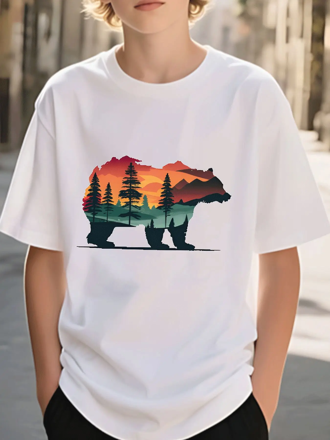 Sunset Mountain Forest Bear Silhouette Family Matching Cotton T Shirts Short Sleeve Summer Tees For Mom Dad Boys Girl Daily Tops
