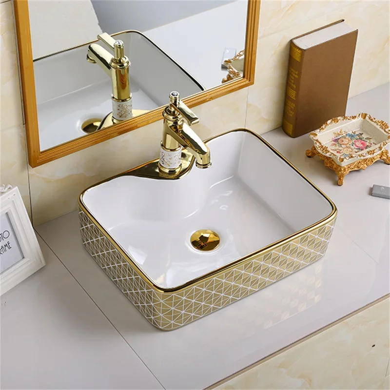 High temperature color gold countertop basin bathroom light luxury ceramic wash basin hotel electroplating wash basin