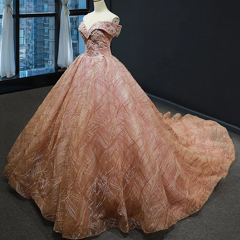 Elegant Women Ball Gown Dress Flower Embroidery Beaded Sequin Formal Evening Party Sexy Wedding Dress Off the Shoulder Trailing