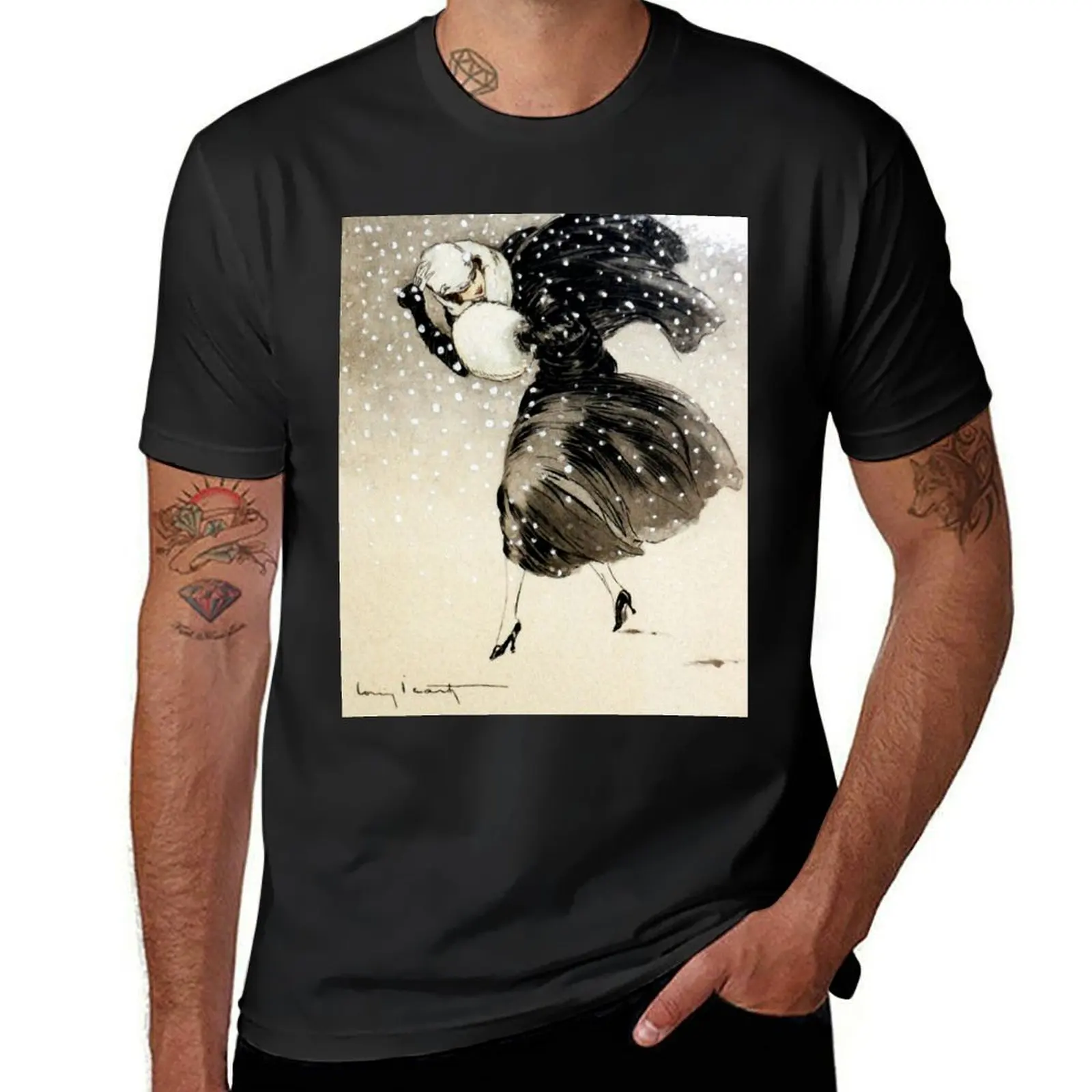 French Art Deco fashion art, Woman In a Snow Storm T-Shirt anime customizeds t shirt men