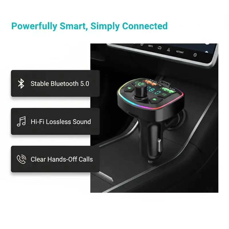 Car Bluetooth 5.0 Charger FM Transmitter PD 18W Type-C Dual USB Colorful Ambient Light Cigarette MP3 Music Player
