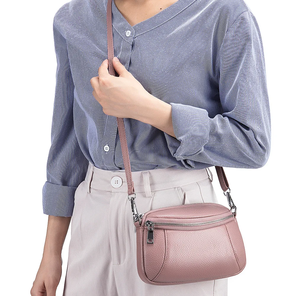 

Women Genuine Leather Mobile Phone Bag Messenger Bag Ladies Luxury Shoulder Bag Large Capacity Three-layer Zipper Soft Mini New