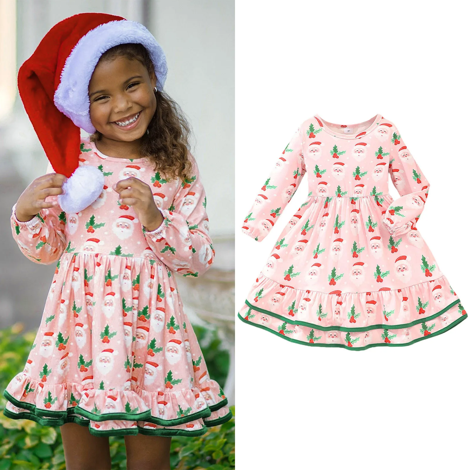 New Christmas Kid Girls Clothing Autumn Long Sleeve Colorful Cartoon Casual Fashion Children Dress Cute Youth Girls Dress 3-7Y