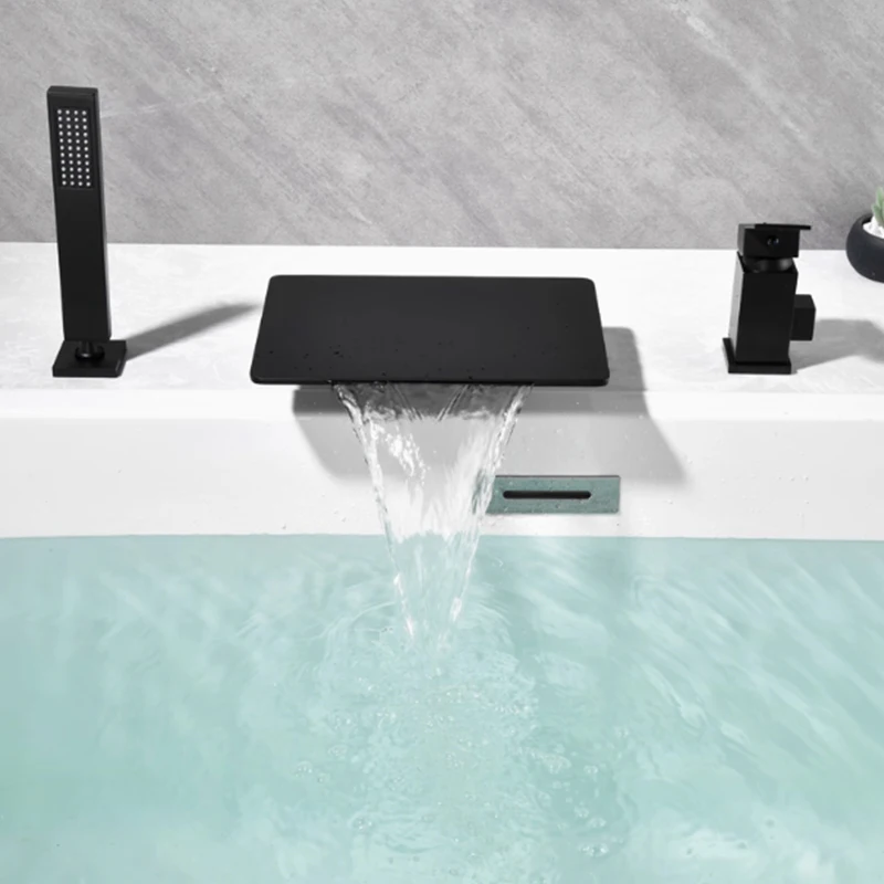 

Bathroom Single Handle 3 Hole Waterfall Sink Faucet Set Bathtub Faucet With Handheld Shower Head Deck Mount Bathtub Faucet