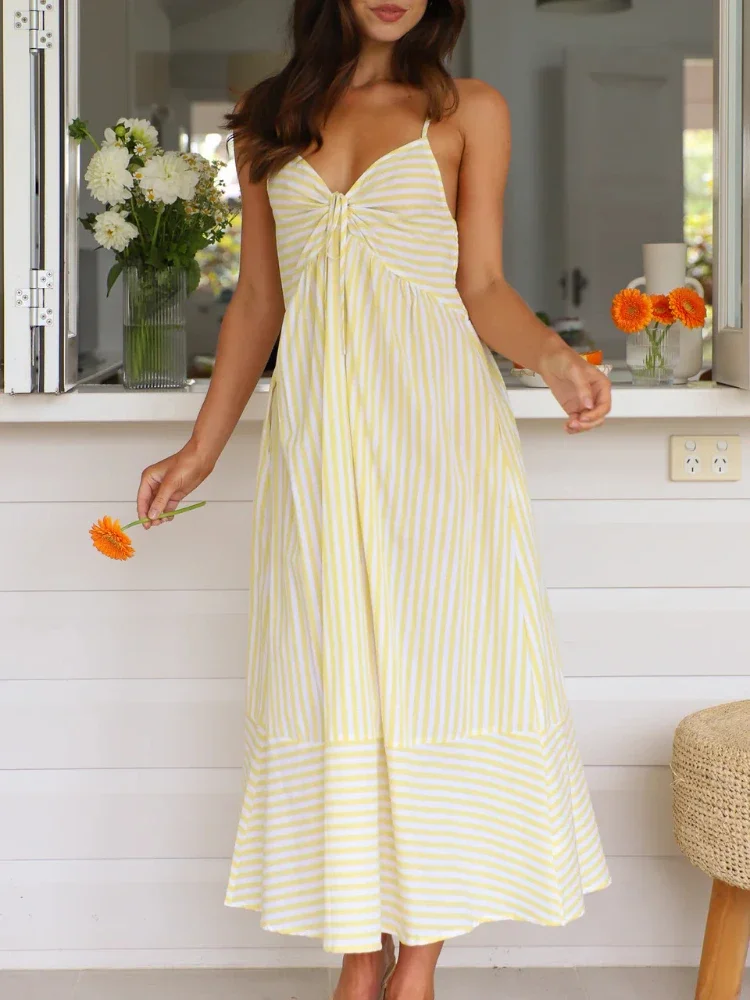 2025 แฟชั่นฤดูร้อนใหม่Elegantผู้หญิงลายหลวมVคอCOMMUTERสไตล์ลําลองSplicing A-Lineชุดยาว