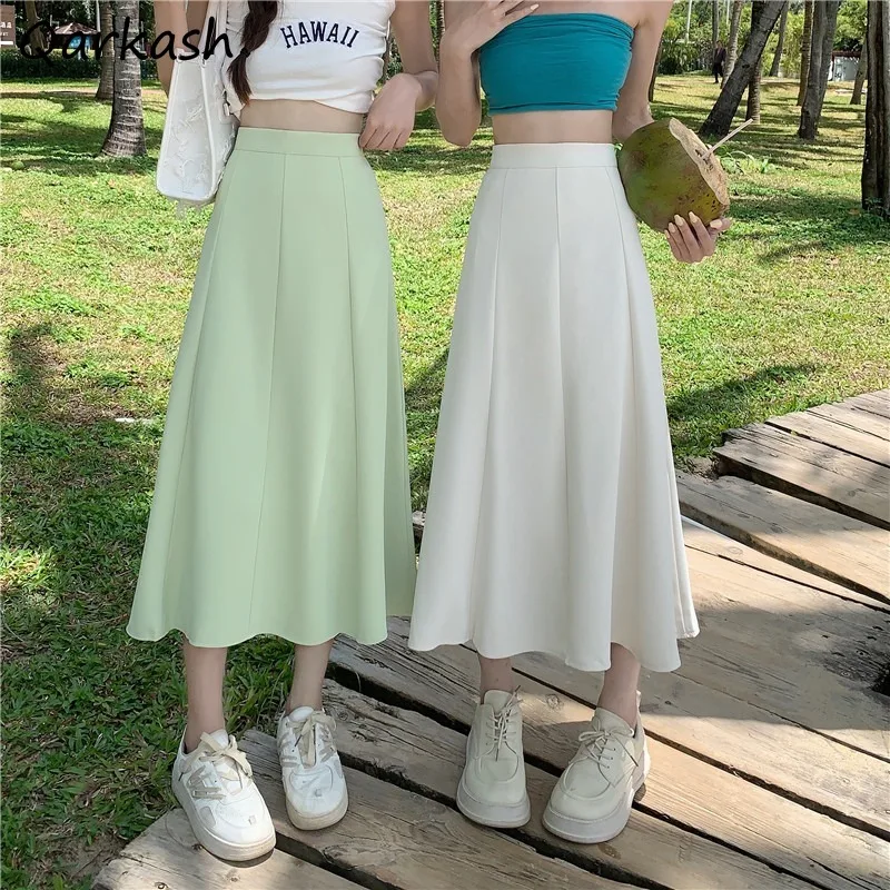 

Midi Skirts Women Folds Solid Summer Clothes High Waist Sweet Preppy Elegant Fashion Ulzzang Harajuku Females Bottom Chic New