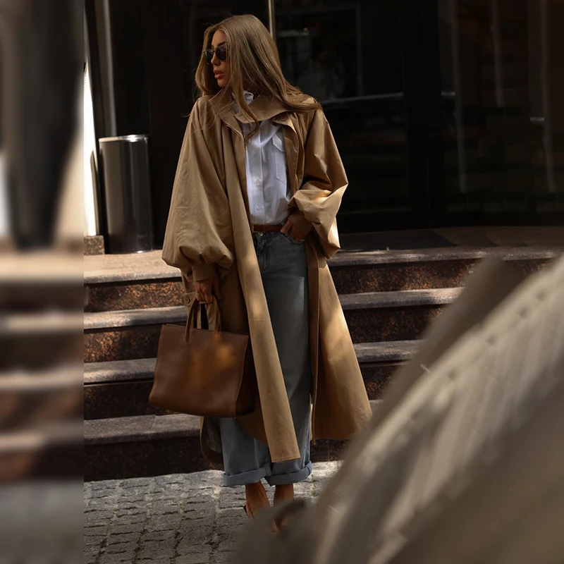 Oversized Solid Wome's Long Trench Coat Puff Sleeve Side Slit Maxi Windbreakers Lapel Single Breasted Lady Autumn Tench Coats