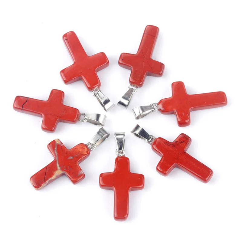 5pcs Natural Stone Pendant Cross Shape Rose Quartz Amethyst Pendant Reiki Healing for Making DIY Jewerly Necklace 18x25mm
