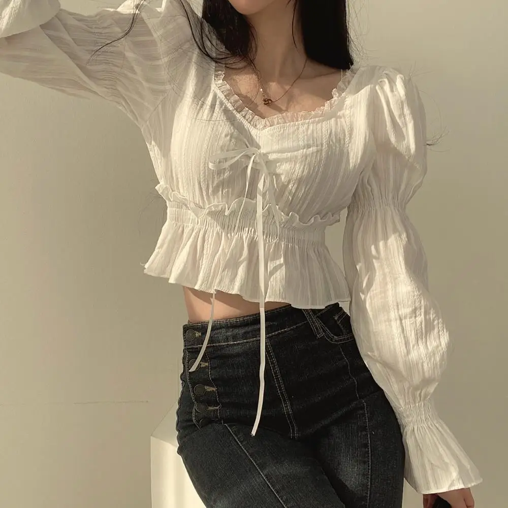 Puff Sleeve Blouses Women Gentle Sweet Spring Office Lady Solid Cropped Slim Vintage O-neck Lace-up French Style Fashion Blusas