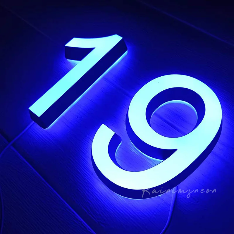 Mini Blue Led House Numbers 0-9 ABC Acrylic 3D Modern Customs Door Plates Stainless Steel Letter Sign Plate Address Number