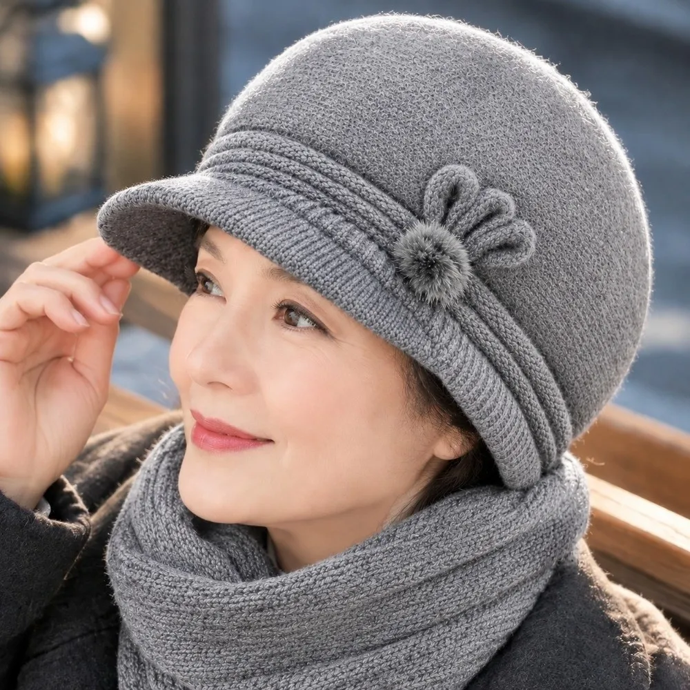 Elegant style Faux Rabbit Fur Knitted Beanie Wind Proof Thick Warm Elderly Women Hat Soft Cozy Knit Cap Senior Ladies