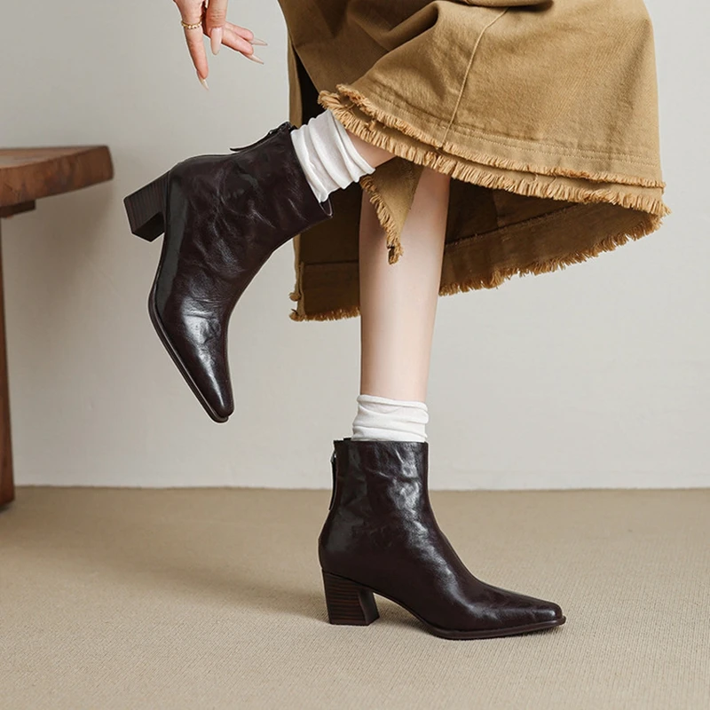 NEW Autumn/Winter Women Boots Pointed Toe Chunky Heel Shoes Genuine Leather Shoes for Women Zip Modern Boots Concise Daily Shoes