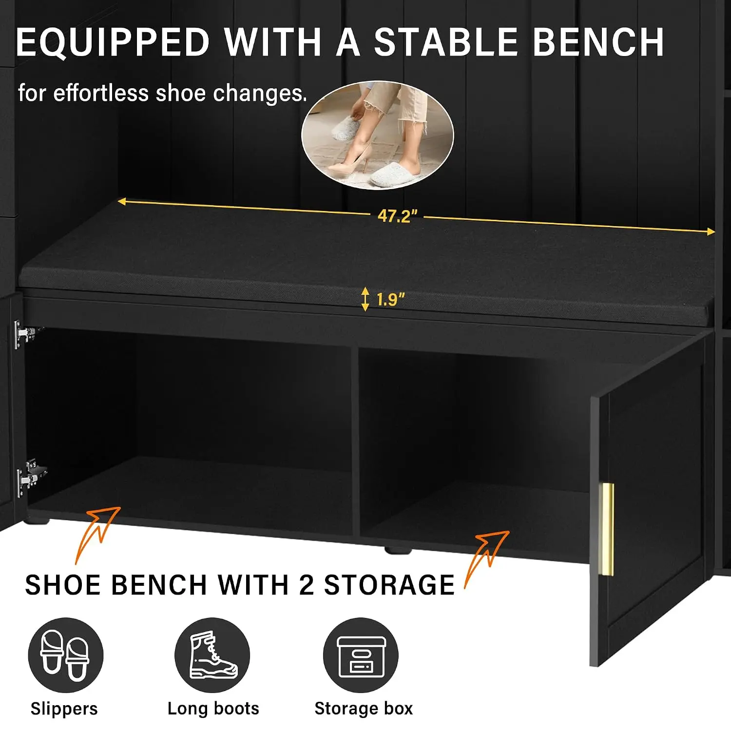 Hall Tree with Padded Bench & Shoe Storage, Entryway Coat Rack Stand, Antique Black, Customized