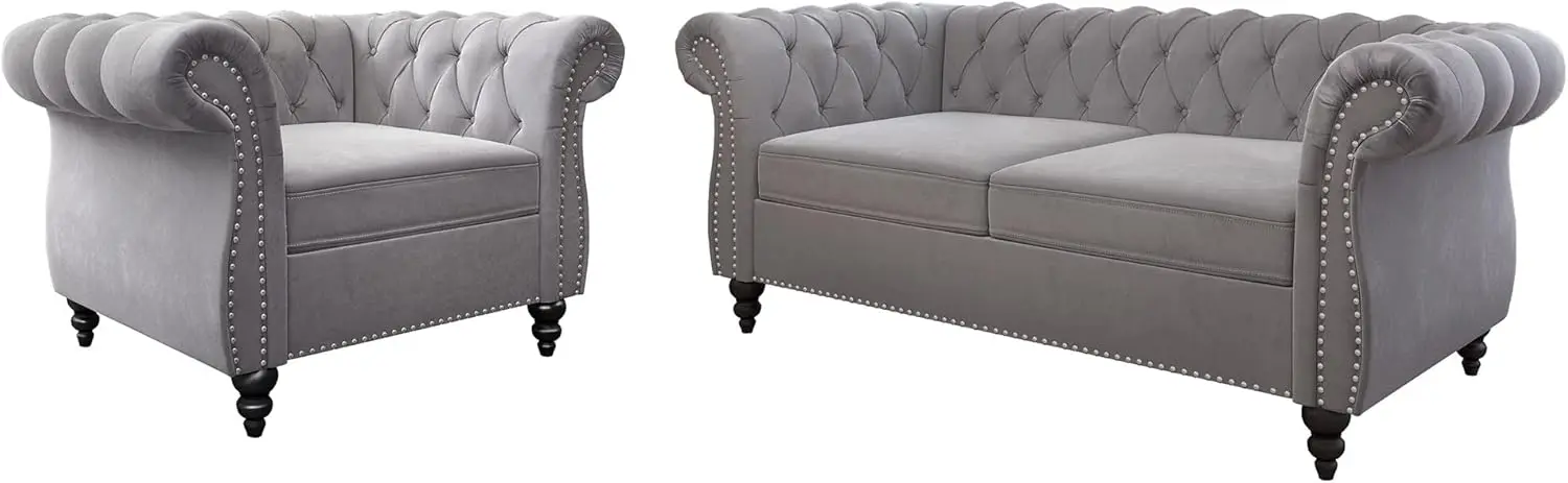 

2 Piece Living Room Set, Velvet Chesterfield Sofa Loveseat Couch Chair with Scroll Arms and Nailhead for Living Room (Grey)