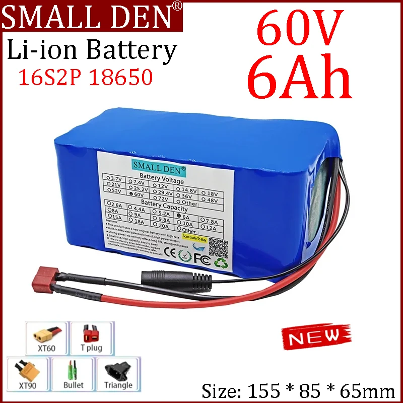 60V 6.0Ah 16S2P 18650 lithium battery pack T-plug 67.2V 6000mAh electric bicycle scooter with 20A BMS discharge 1000 watts