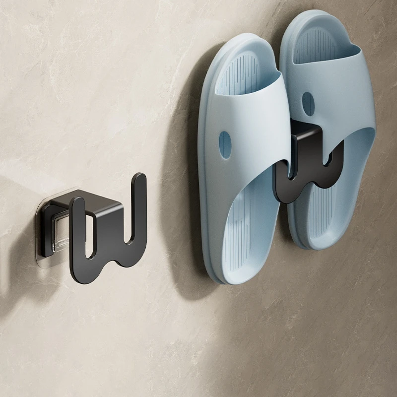 Multifunctional Wall Mounted Slipper Rack Non-Perforated Shoe Storage with Drainage and Hooks for Bathroom Door - view 5