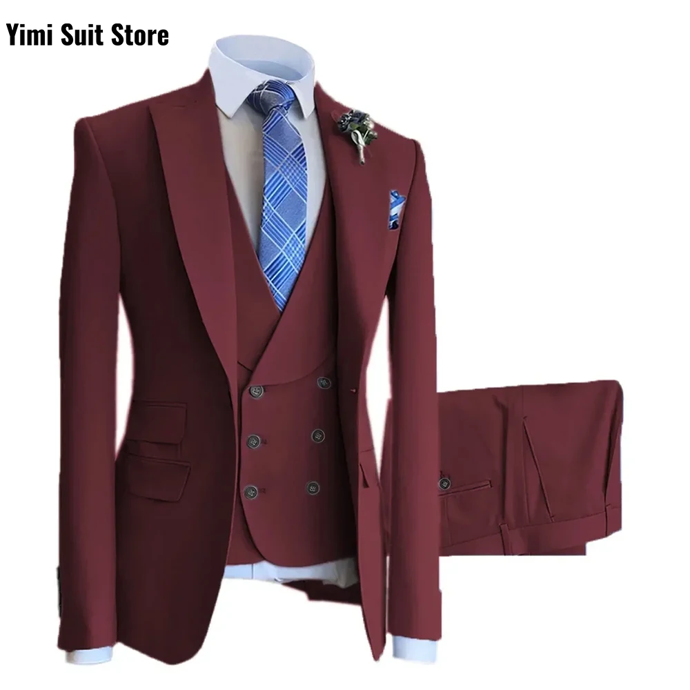 

YiMinpwp High End Burgundy Men's Suits 3 Pieces Peak Lapel Business British Office Satin Slim Fit Wedding Party Suits XS-5XL