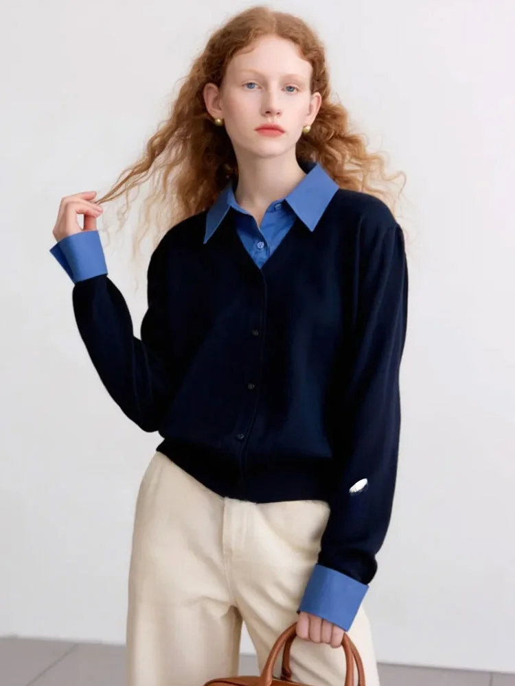 

Женская модная рубашка Zhuo Chi синего цвета, вязаная, в стиле пэчворк, с длинным рукавом, в французском стиле, весна 2026, новая коллекция, повседневный топ