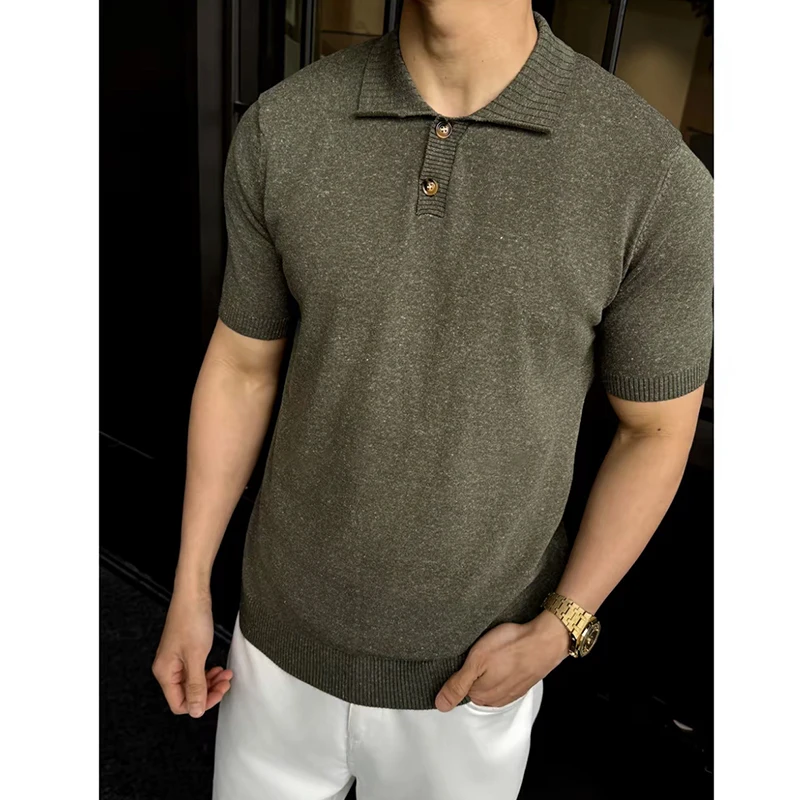 Summer Linen Lyocell Knitted Short Sleeve Polo Shirt Men Solid Color Casual T-shirt Fashion Breathable Stretchy Business POLO