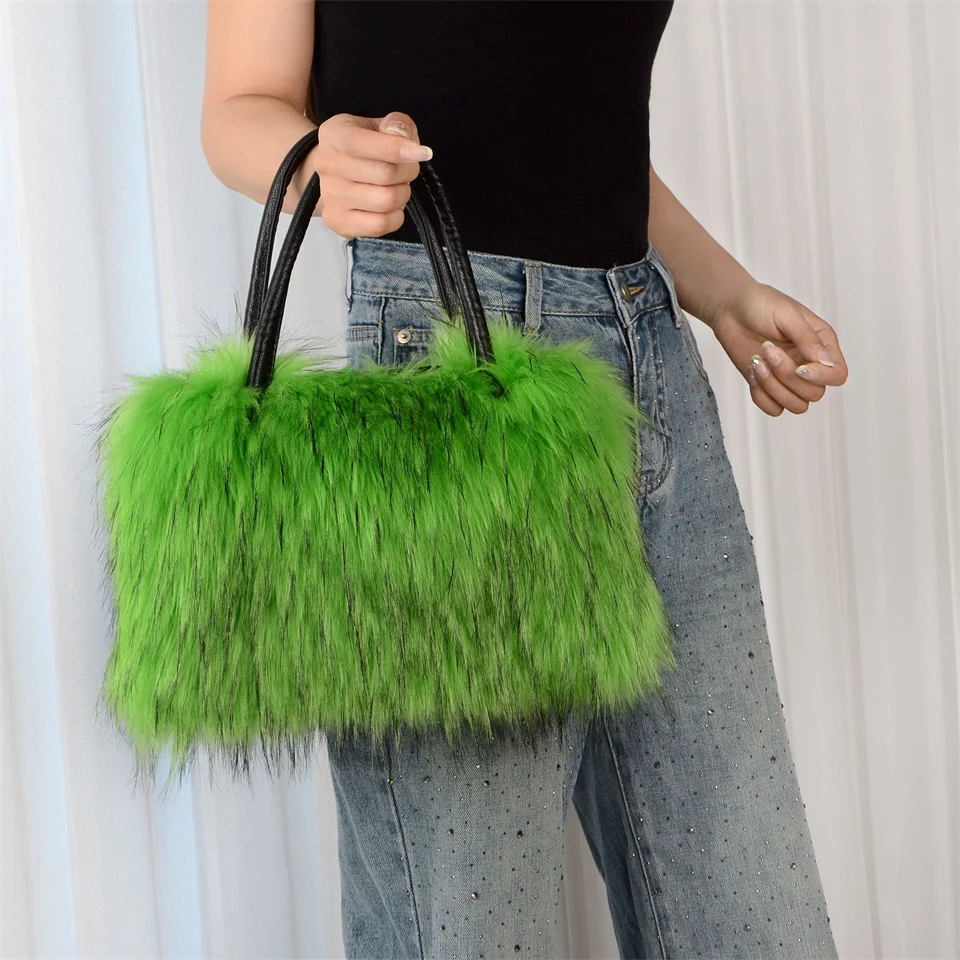 

Faux Fur Handbag Ladies Tote Bag Crossbody Bag Single Shoulder Large Capacity Handbag Luxury New Design Raccoon Fur Shoulder Bag