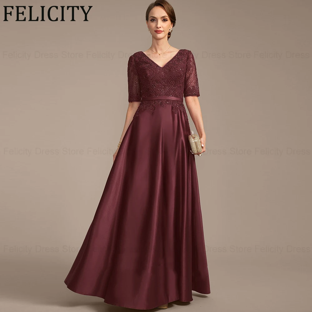 

FELICITY Изысканные атласные платья для матери невесты 2025 А-силуэта с v-образным вырезом Свадебные платья для гостей Кружевные длинные вечерние платья с блестками