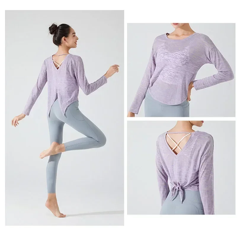Stown Sportswear Woman Gym 2022 New See-through Yoga Top Female Long-sleeved Fitness Pilates Blouse Loose Sports Shirts Women image 2