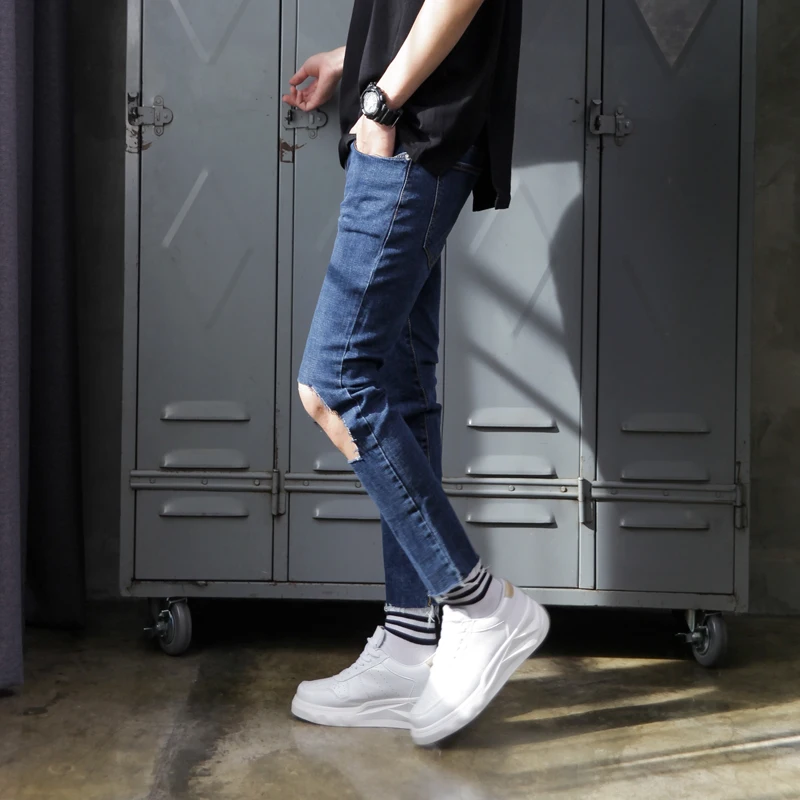 

Men's Ripped Denim Jeans Cuffed Nine-Piece Slim Fit Casual Pants Loose Harlan Trendy Men's Mid-High Waist Water Waed