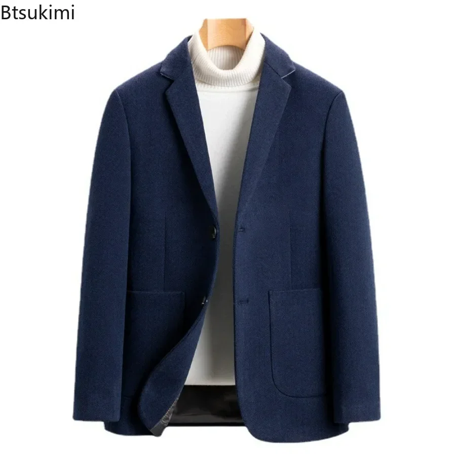 New 2024 Men\'s Woolen Suit Jacket Top Luxury Autumn Winter Men Casual Business Wool Single Breasted Blazer Overcoats Men Blazer