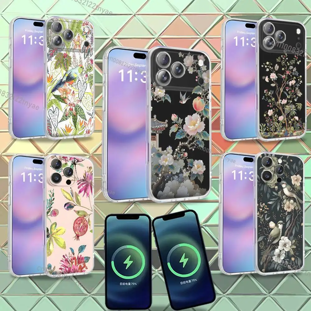 

INS Elegant Floral Bird Botanical Phone Case For iPhone 16,14,11,17,13,15,12Air,Plus,Pro,Max,E,Mini Frosted for MagSafe Magnetic