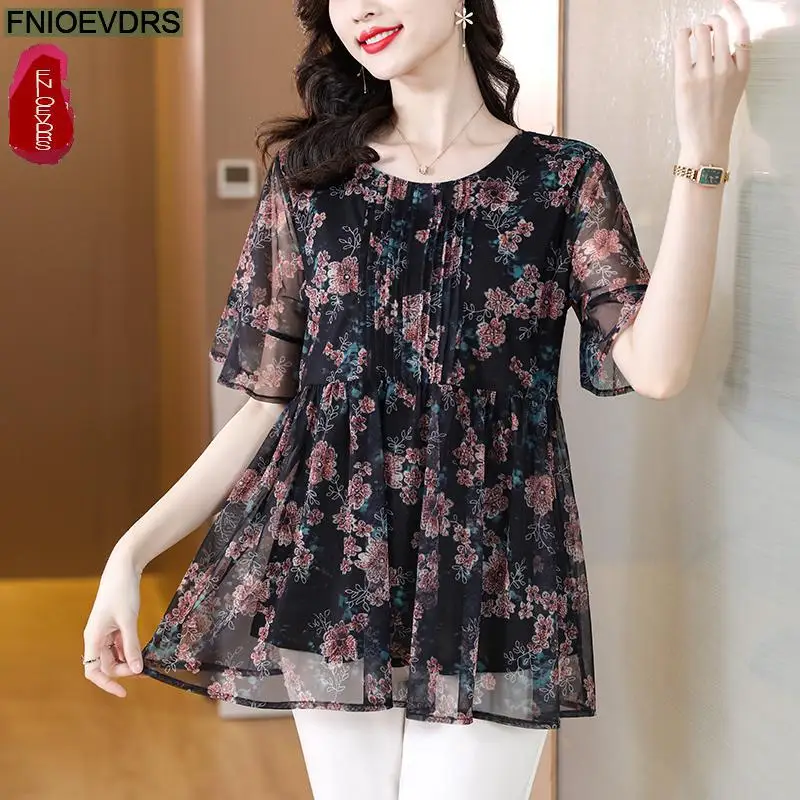 L-5XL Loose Clothes Women 2023 Summer Elegant Office Lady Long Shirts Casual Retro Vintage Ruffles Floral Peplum Tops Blouse