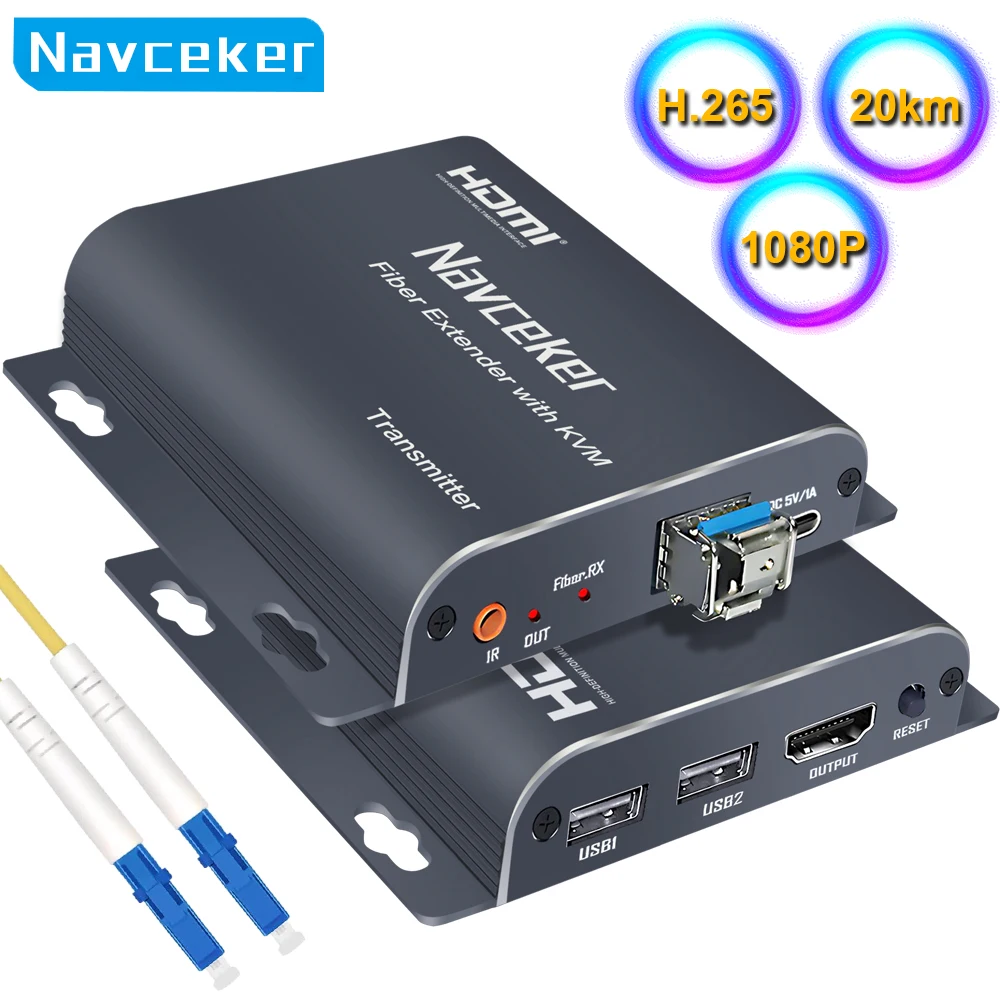 Navceker 20Km HDMI Fiber Optic USB KVM Extender Video Transmitter Receiver Over LC Fiber Cable Extender For Mouse Keyboard PC