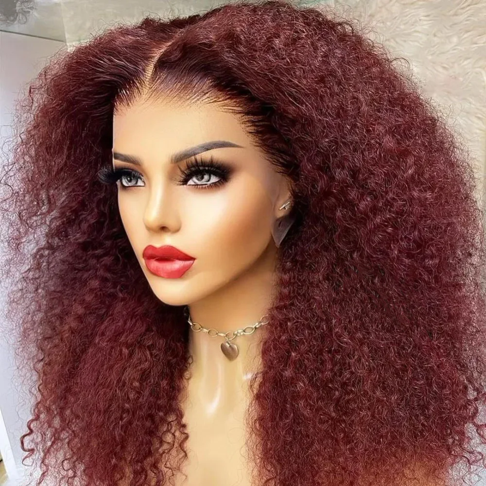 Perruque Lace Front Wig sans colle bouclée rouge vin synthétique pour femme, cheveux de bébé crépus, densité 180, degré de chaleur, pré-plumée, 26 po