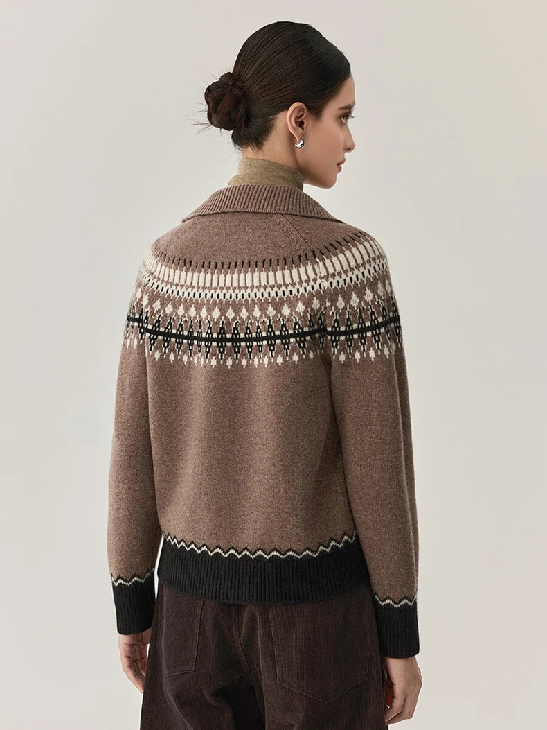 SuyaDream, Women Jacquard Cardigans, 100%Sheep Wool, Turn Down Collar, Christmas Sweaters, 2025 Fall Winter Knitted Jackets