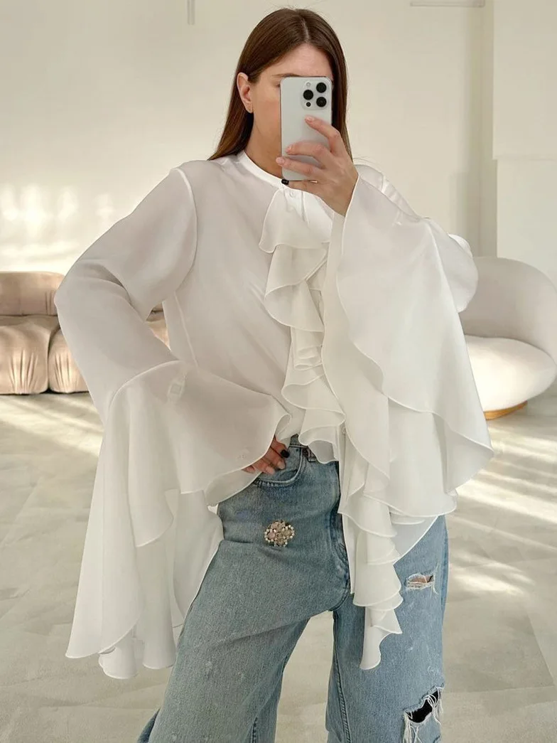 Women White Ruffle Chiffon Blouse Front Big Flare Bell Long Sleeve Crew Neck Loose Casual Fashionable Party Streetwear Shirt Top