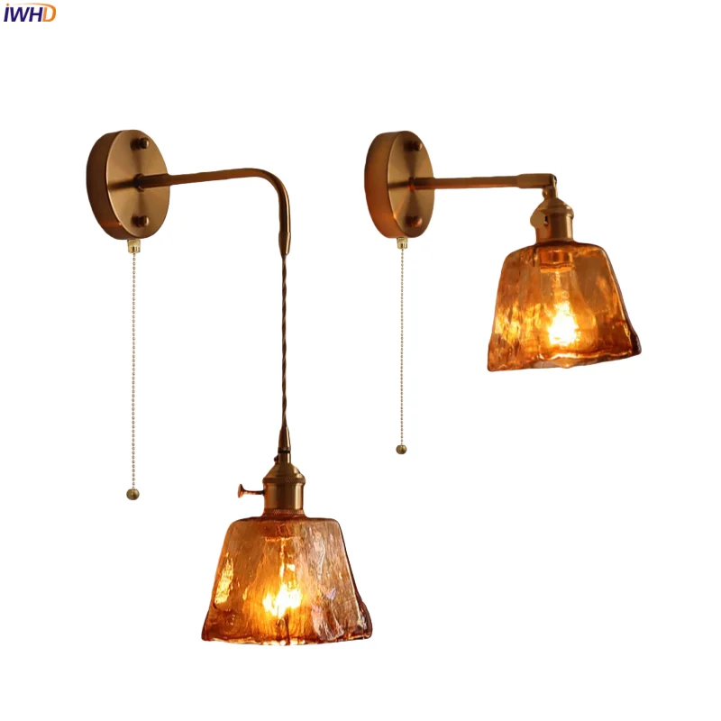

IWHD Amber Glass LED Wall Lamp For Living Room Home Lighting Pull Chain Switch Japan Vintage Bathroom Mirror Light Aplique Pared